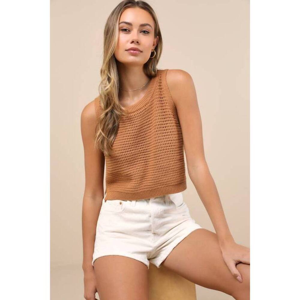 Lulus Get The Look Tan Loose Knit Sweater Tank Top Brown - Size M